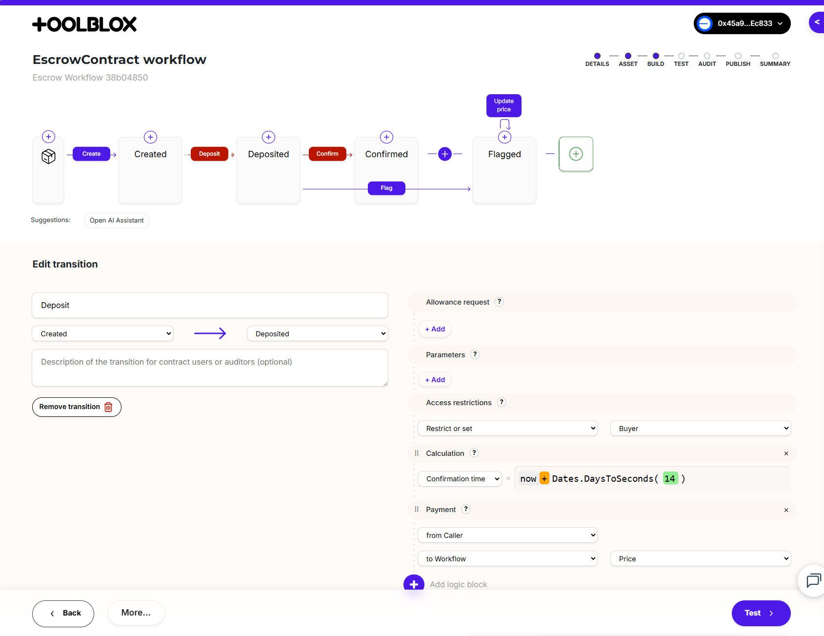 Contract Builder — visual interface for creating asset lifecycle workflows